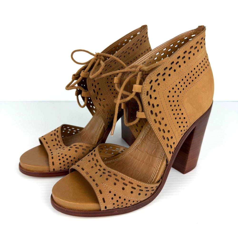 Gianni Bini Tan Leather Laser Cut Lace Up Block Heel Sandals booties Womens 9M